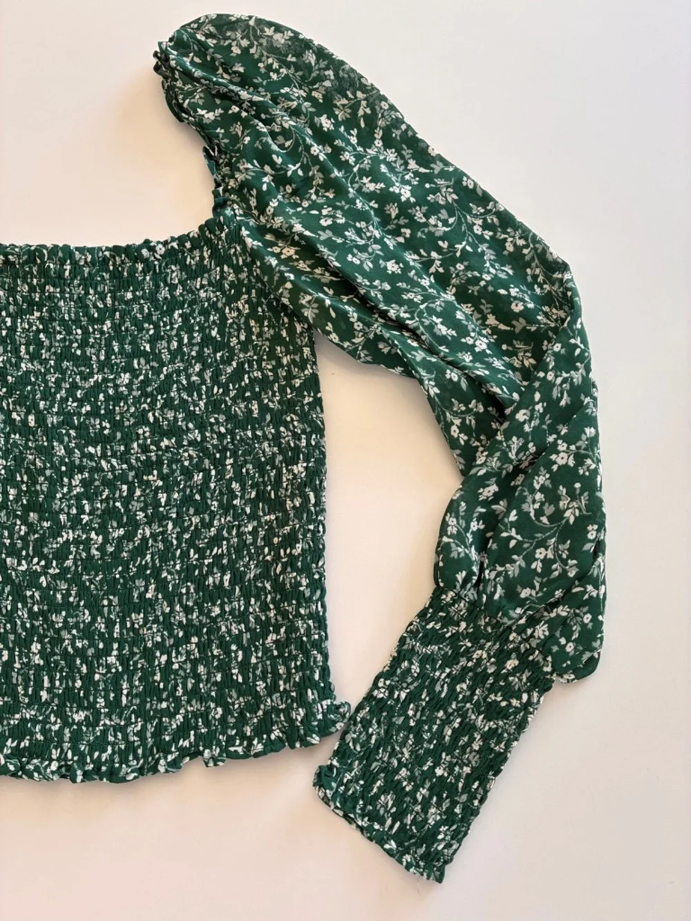 Reformation-Pinto Top-Green-Floral-Cottage-Puff Sleeve-Smocked-Feminine-S